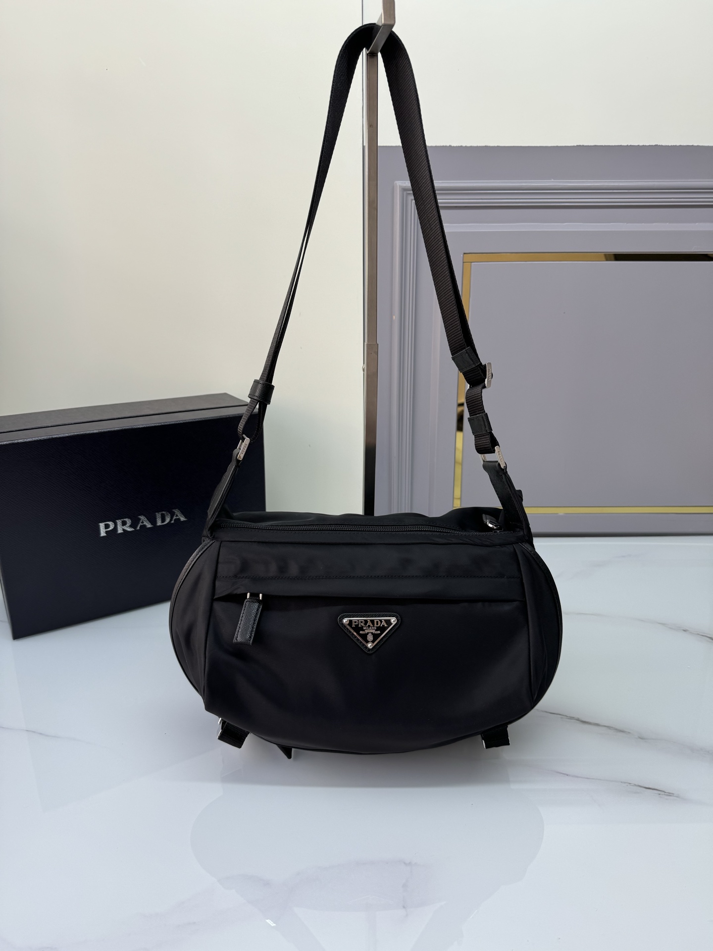 [Top] PRADA Flip-Top Messenger Bag Nylon And Saffiano Leather 27*15.5*14cm/32*18*16cm - Black