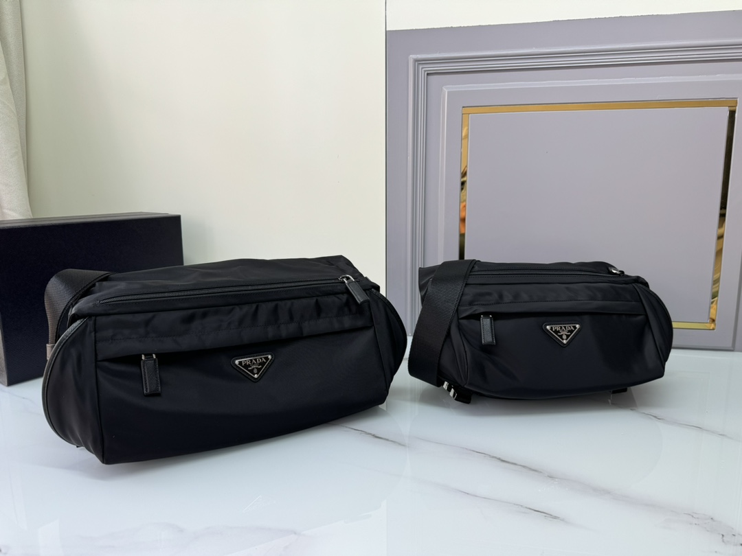 [Top] PRADA Flip-Top Messenger Bag Nylon And Saffiano Leather 27*15.5*14cm/32*18*16cm - Black
