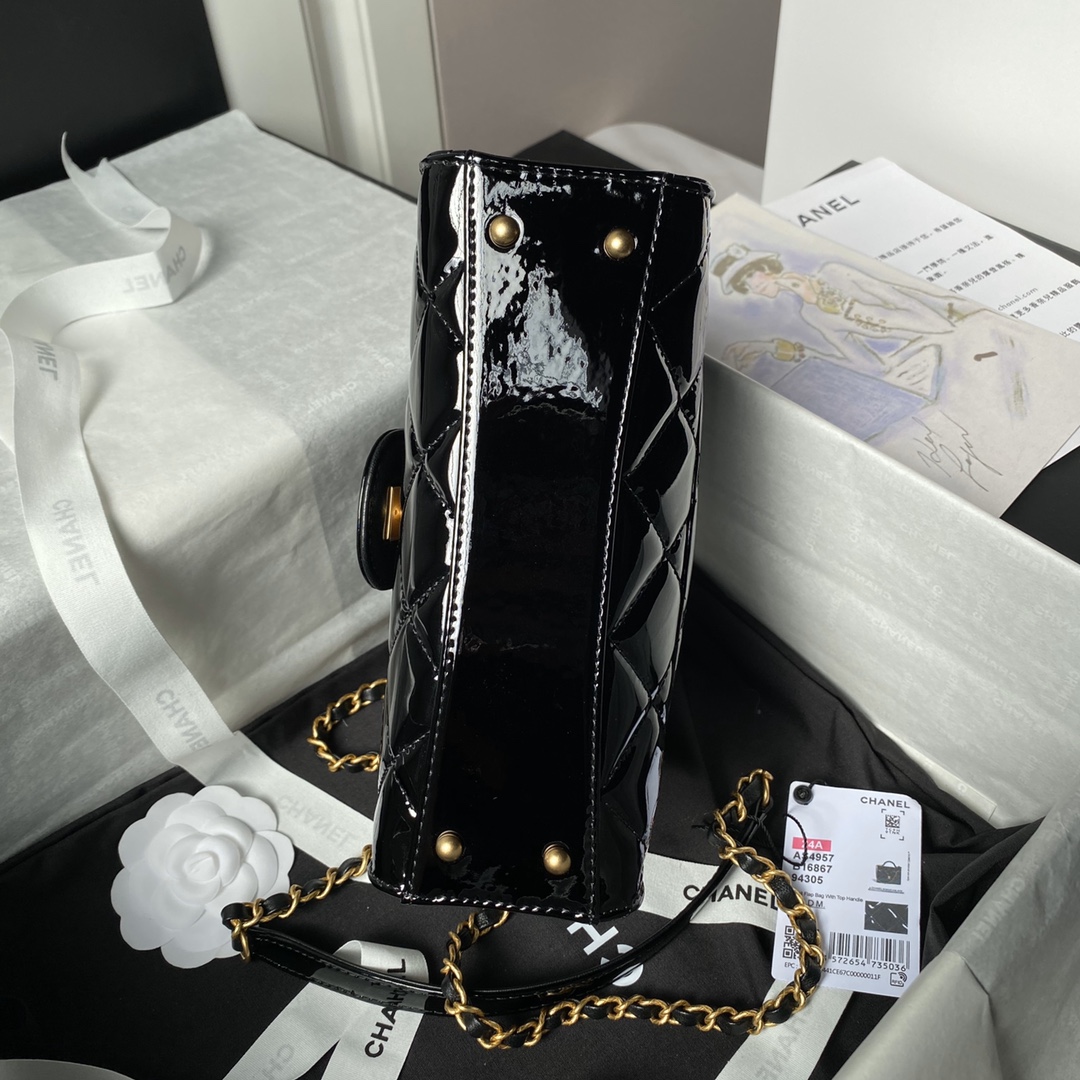 [TOP] CHANEL Patent Leather Bag 13×18×8cm/17×21×8.5cm - GHW - Black