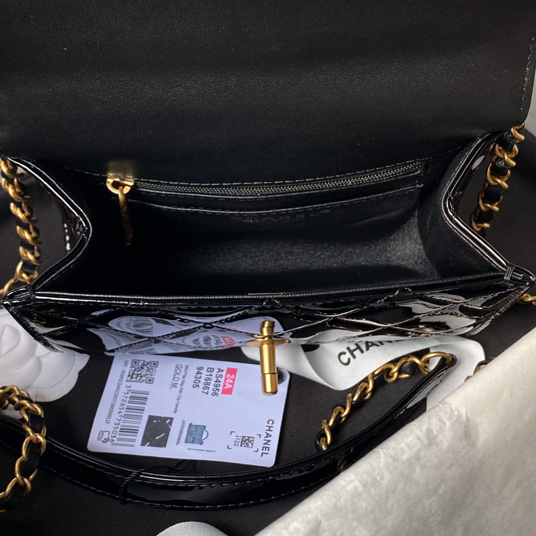 [TOP] CHANEL Patent Leather Bag 13×18×8cm/17×21×8.5cm - GHW - Black