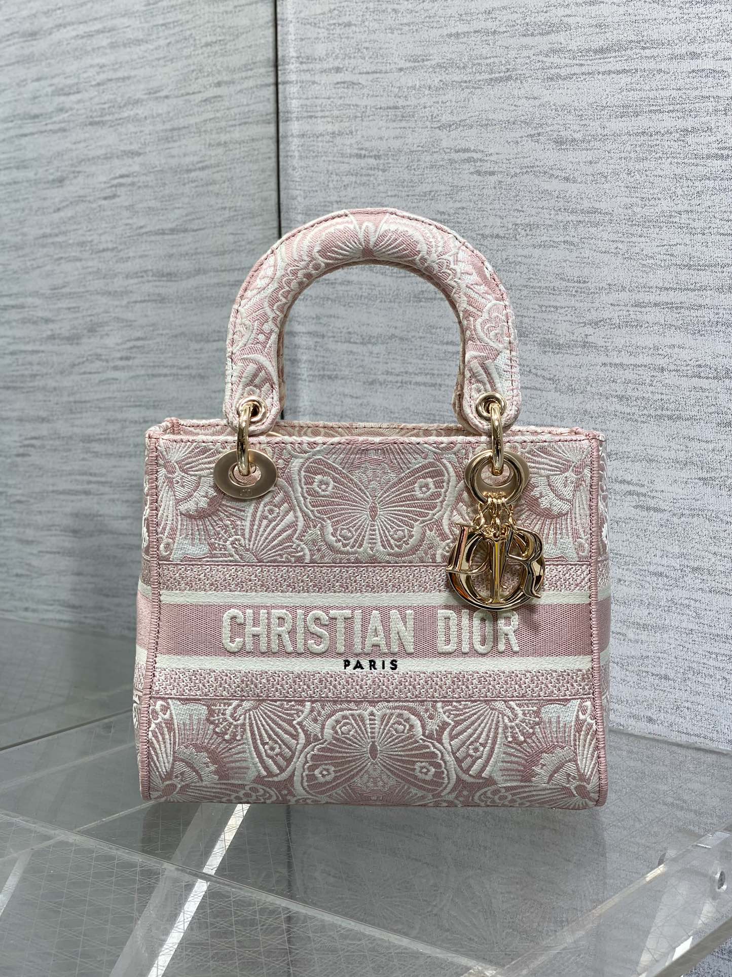 [TOP] Christian Dior Butterfly Pattern Embroidery Bag 24x20x11cm - Pink