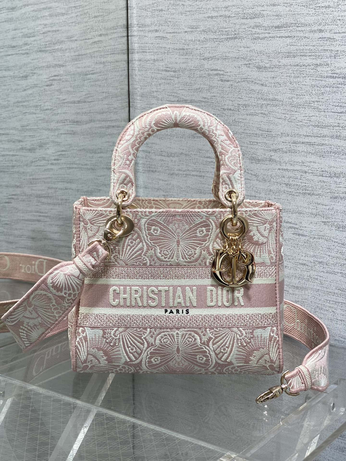 [TOP] Christian Dior Butterfly Pattern Embroidery Bag 24x20x11cm - Pink