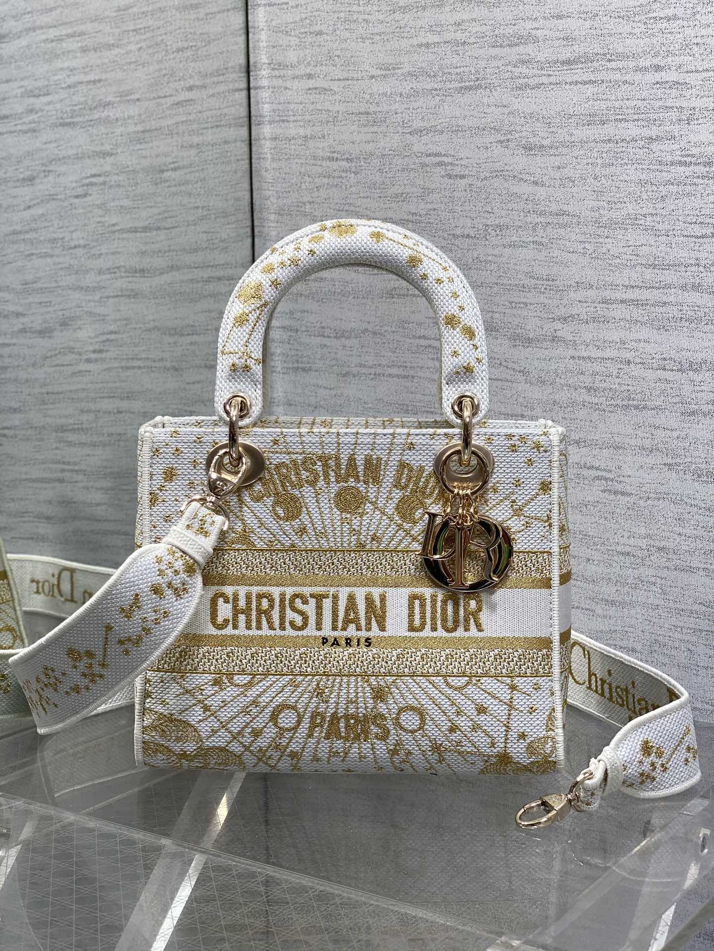 [TOP] Christian Dior Pattern Embroidery Bag 24x20x11cm - White