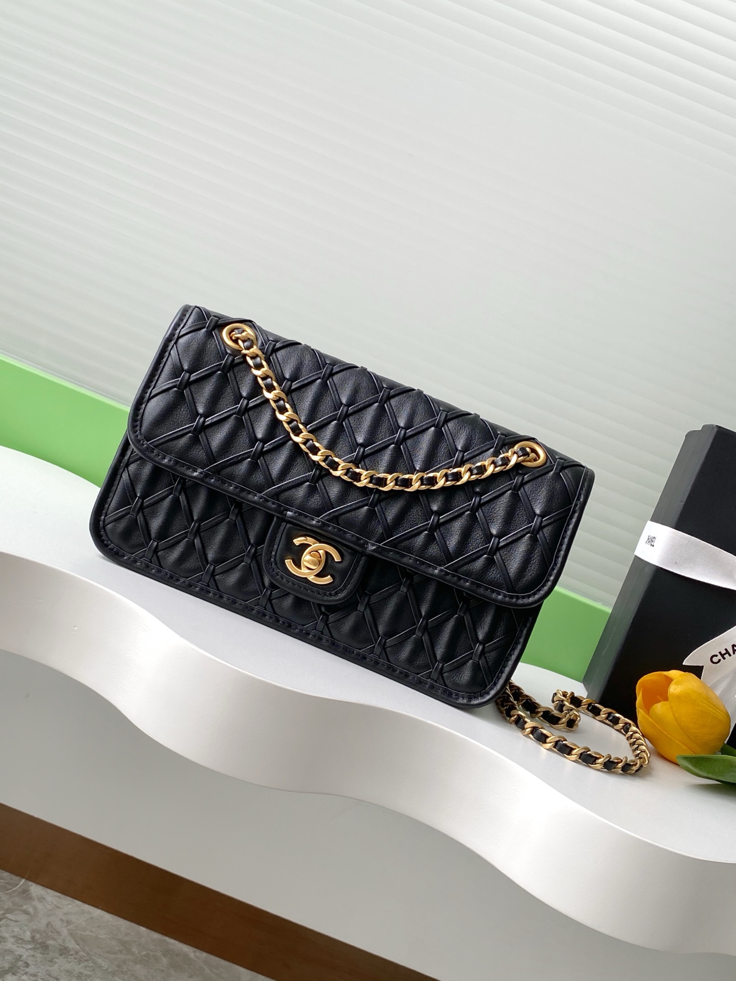 [TOP] CHANEL Flap Bag Leather Bag 13-19-5.5cm /15-25-8cm- Black