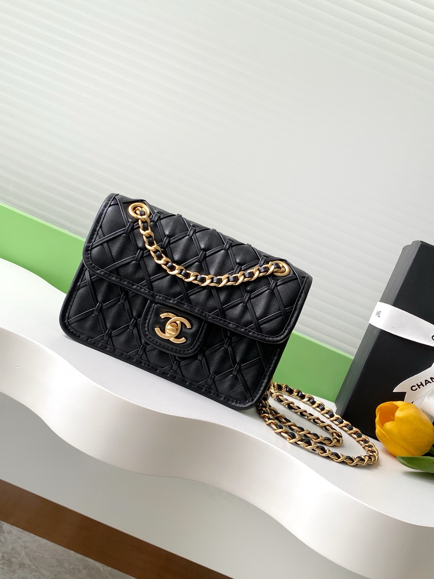 [TOP] CHANEL Flap Bag Leather Bag 13-19-5.5cm /15-25-8cm- Black