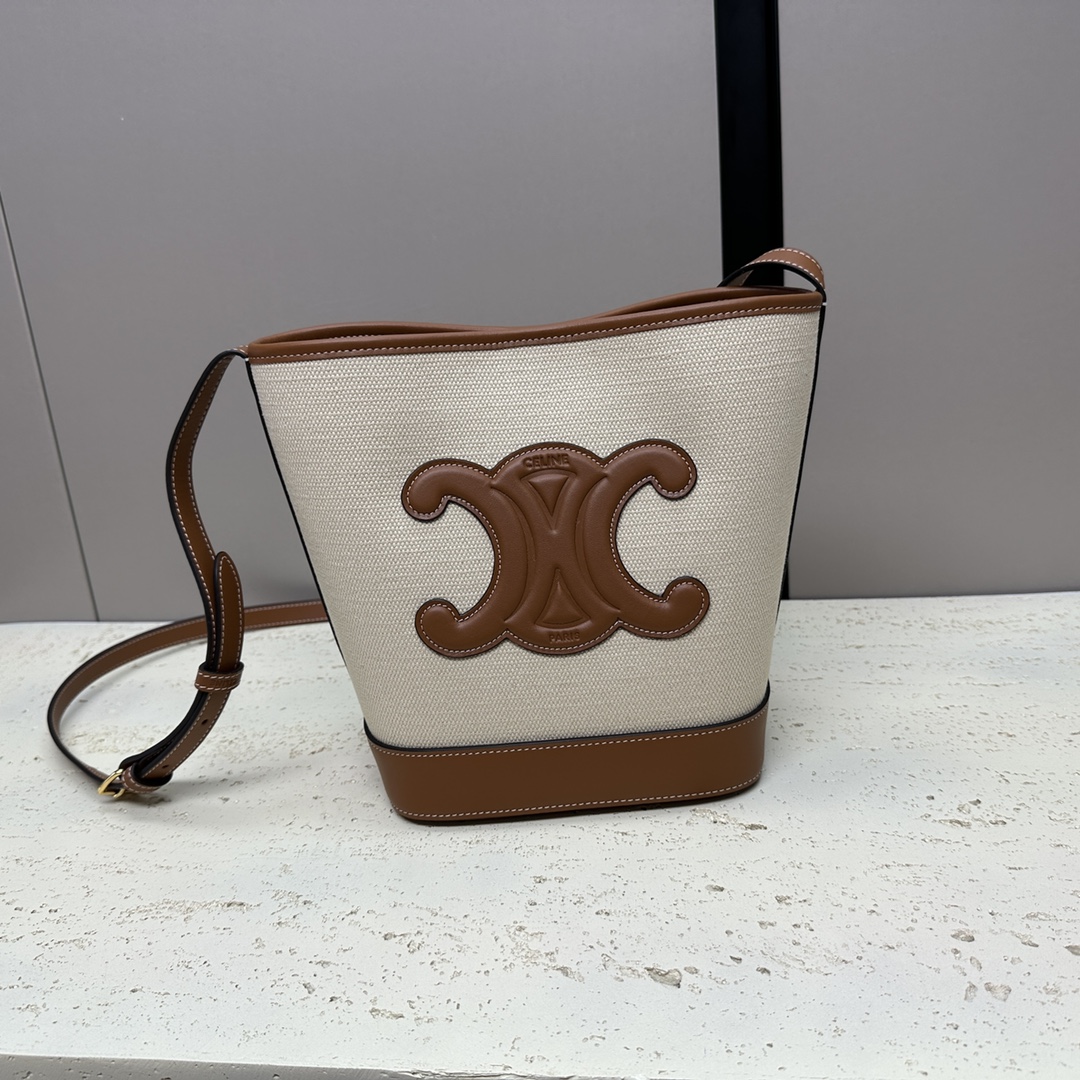 [TOP] CELINE Cuir Triomphe Bucket Bag 24x22x13cm - Brown and White