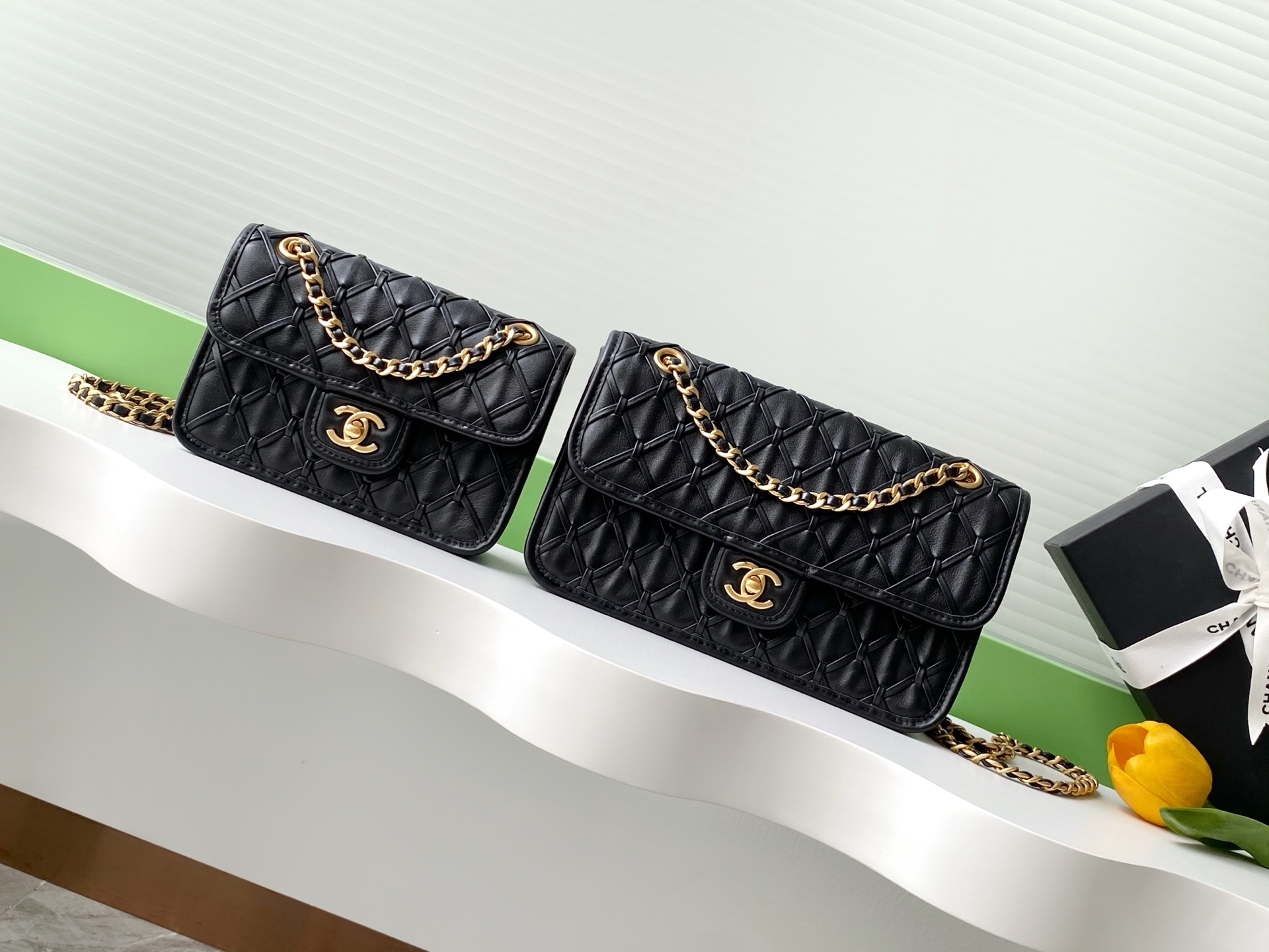 [TOP] CHANEL Flap Bag Leather Bag 13-19-5.5cm /15-25-8cm- Black