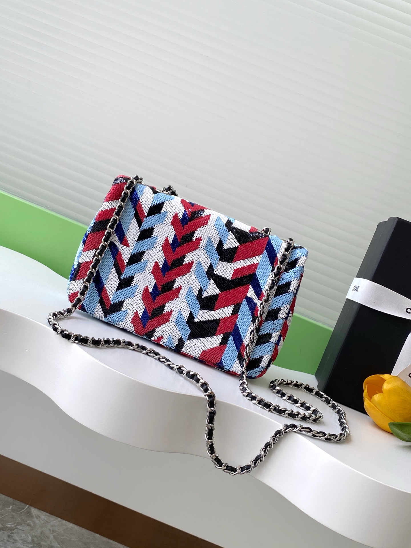 [TOP] CHANEL Sequins Flap Bag 14-21-8cm - Blue and White and Red