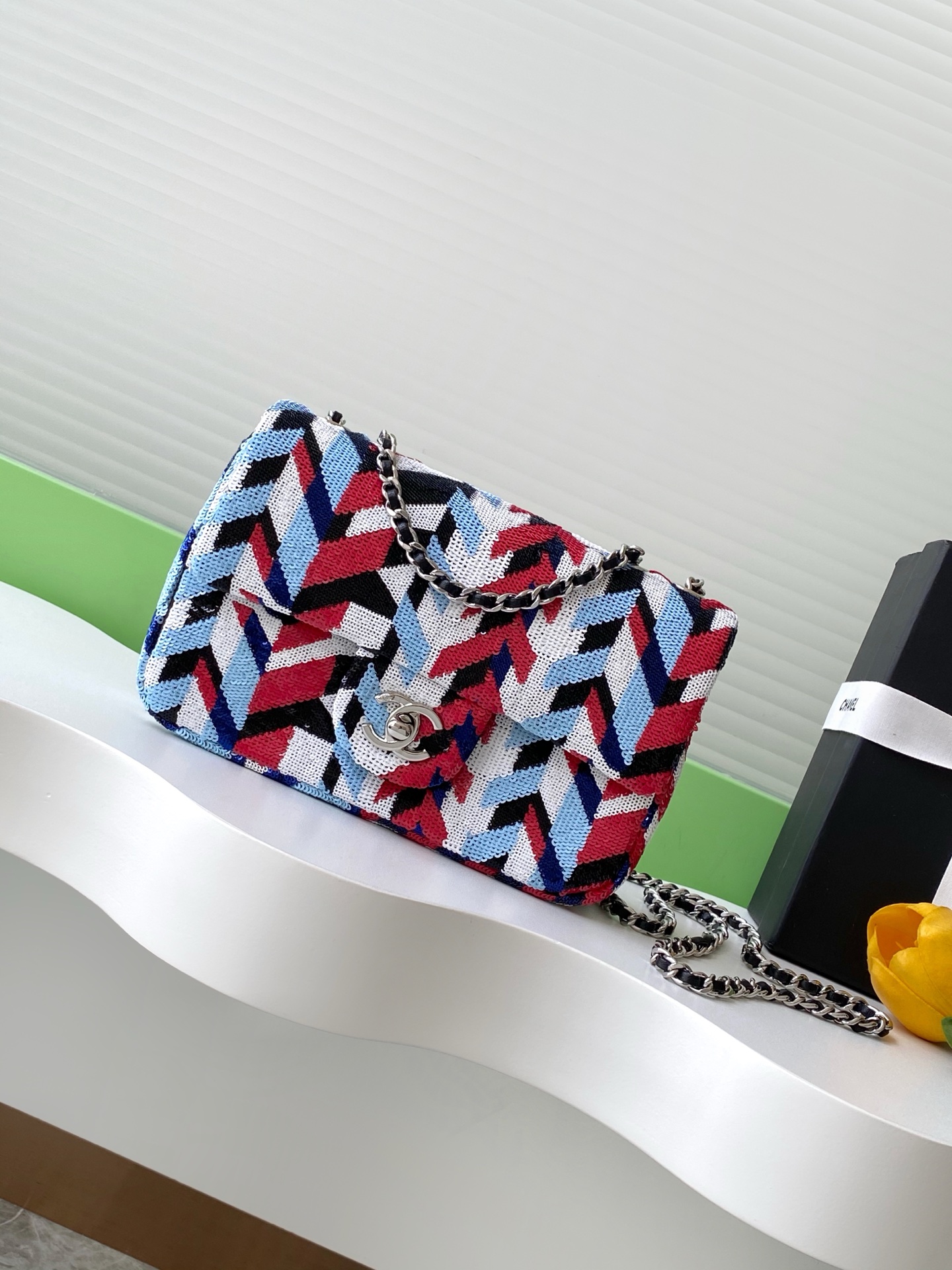 [TOP] CHANEL Sequins Flap Bag 14-21-8cm - Blue and White and Red
