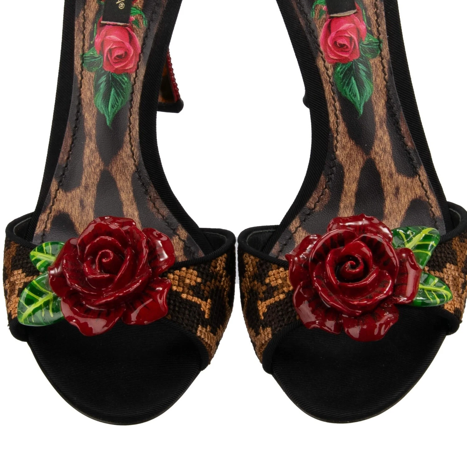 [TOP] Dolce & Gabbana D&G Leopard Crystal Rose Heels Sandals Pumps - Black and Brown