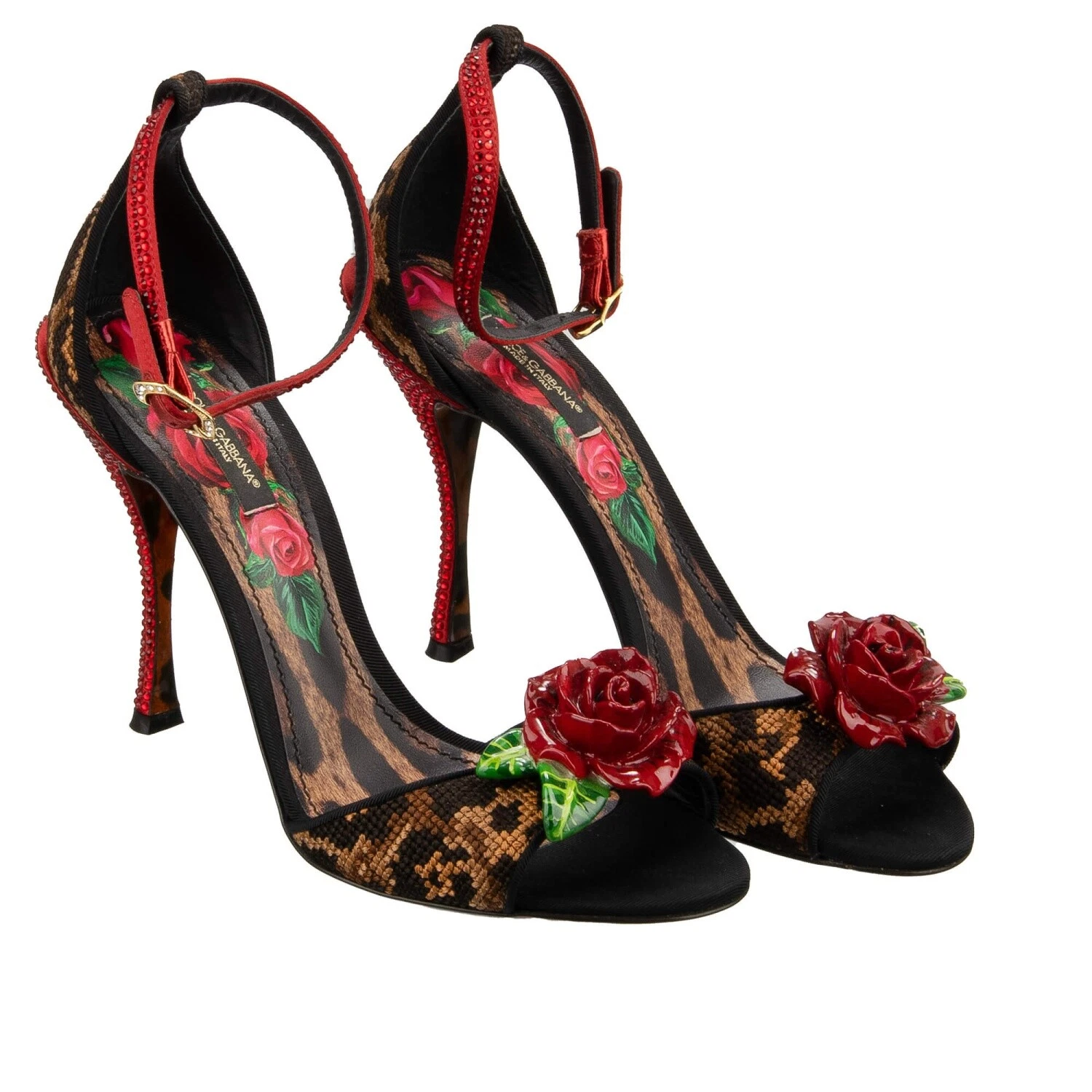 [TOP] Dolce & Gabbana D&G Leopard Crystal Rose Heels Sandals Pumps - Black and Brown