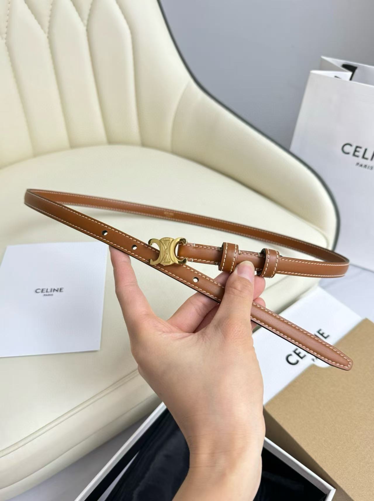 [TOP] CELINE Leather Triomphe Belt - Brown