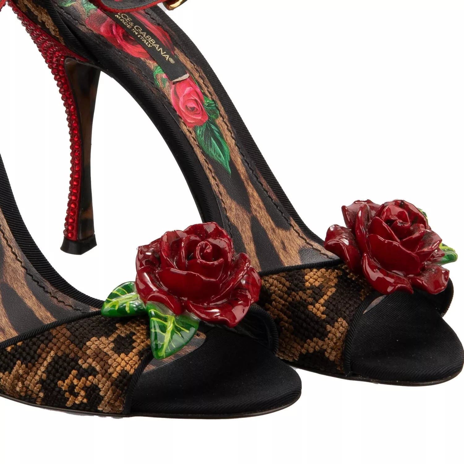 [TOP] Dolce & Gabbana D&G Leopard Crystal Rose Heels Sandals Pumps - Black and Brown