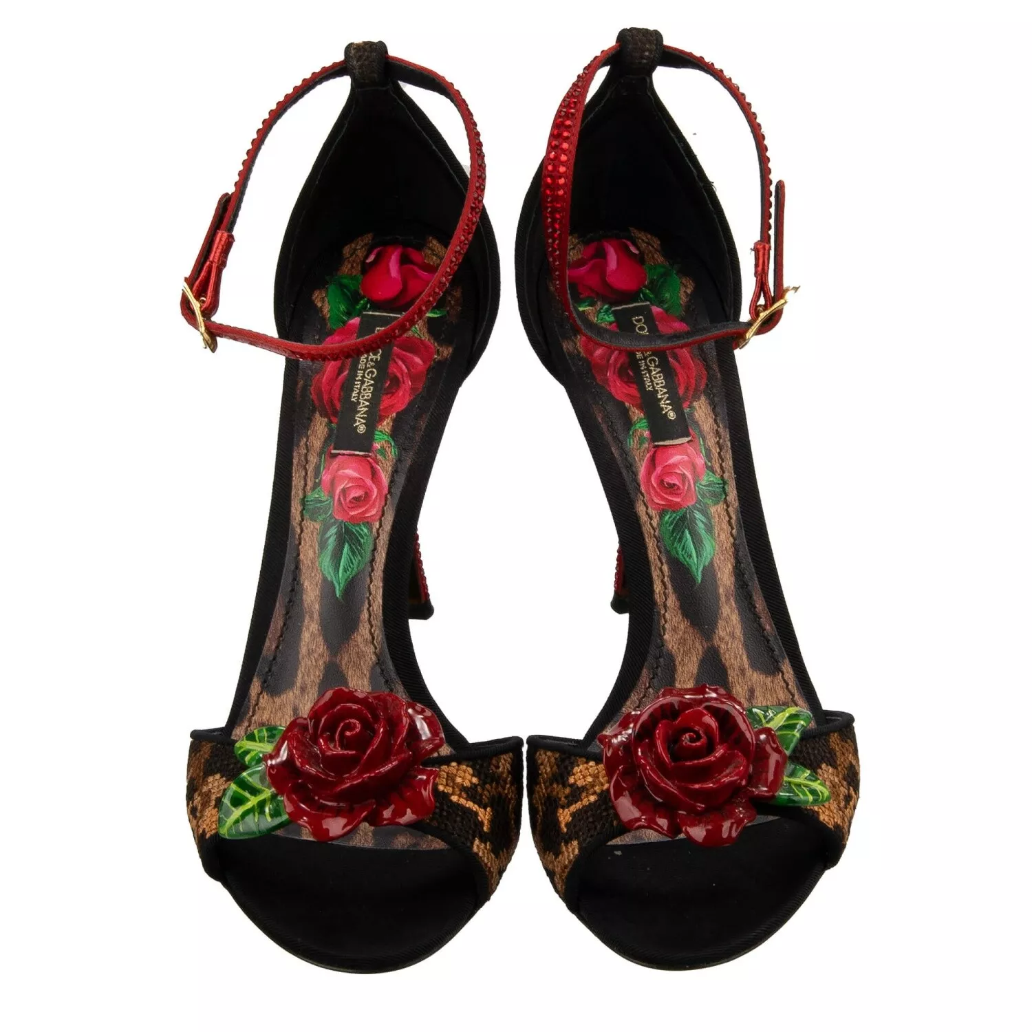 [TOP] Dolce & Gabbana D&G Leopard Crystal Rose Heels Sandals Pumps - Black and Brown
