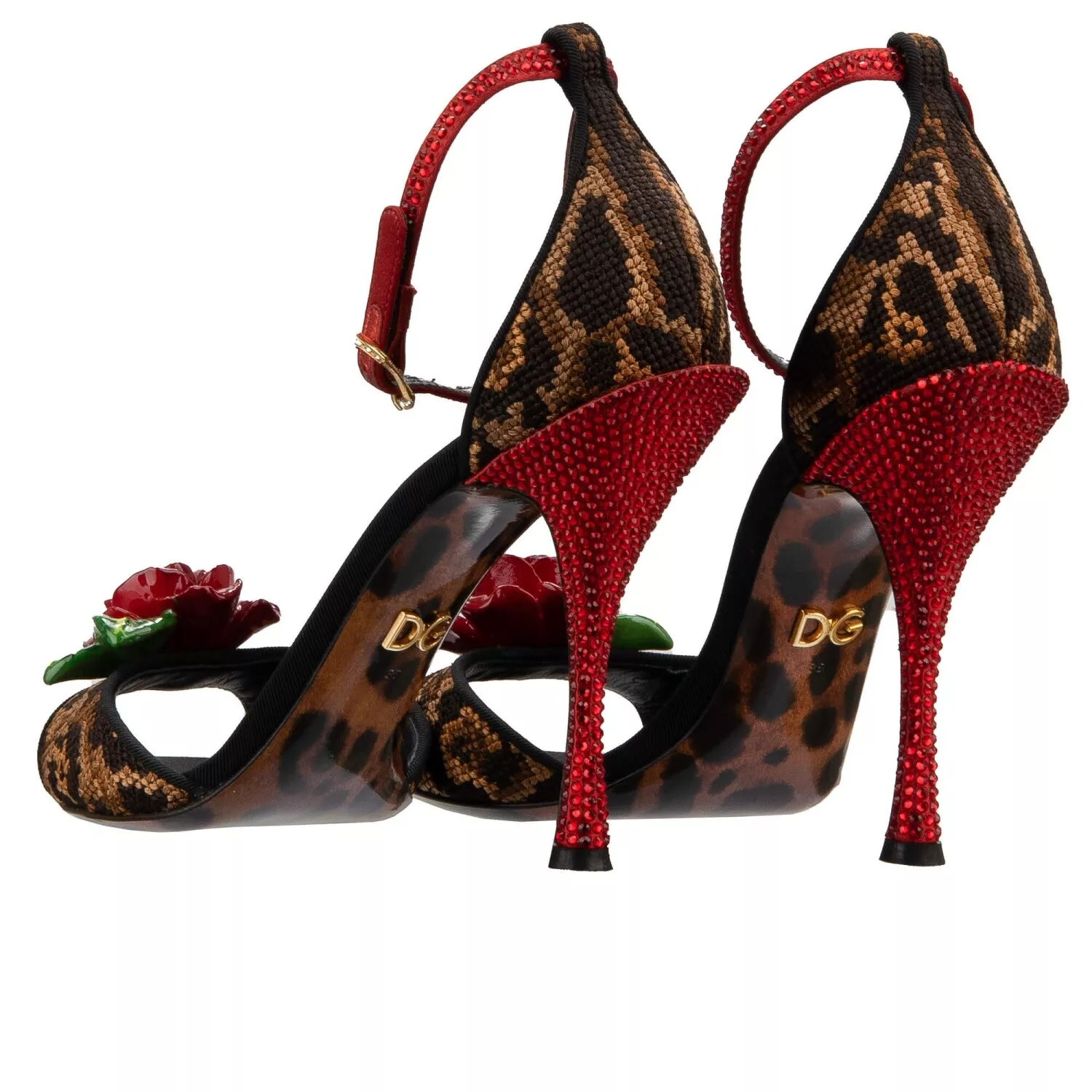 [TOP] Dolce & Gabbana D&G Leopard Crystal Rose Heels Sandals Pumps - Black and Brown