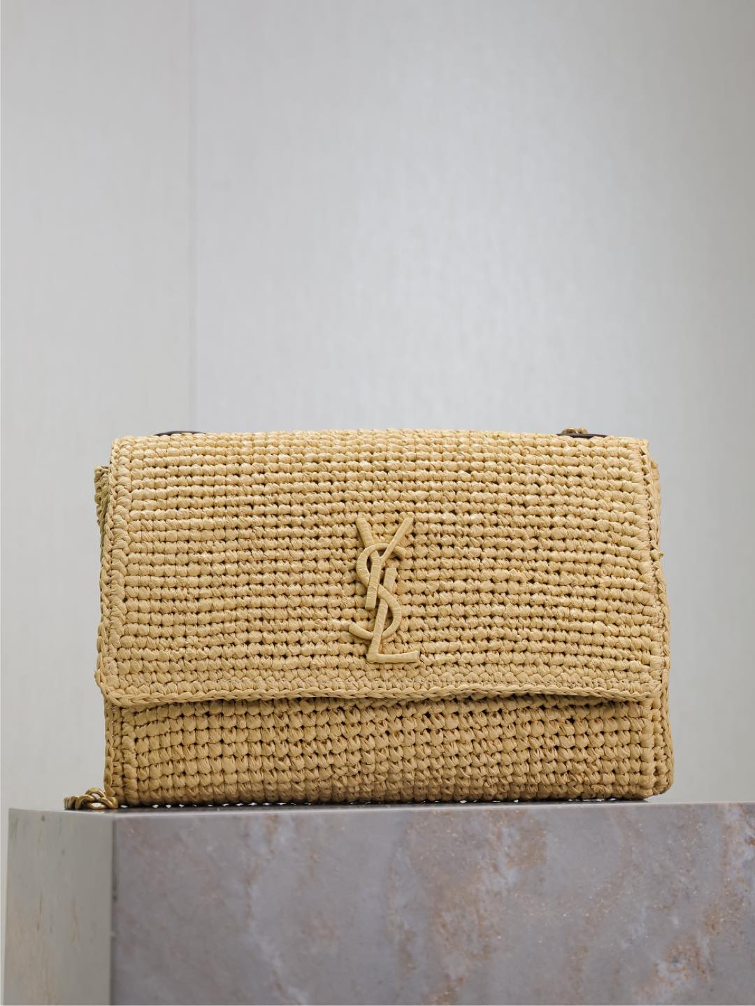 [TOP] Yves Saint Laurent Kate Bags Raffia Grass Woven Chain Bag 28.5×20×6cm - Beige