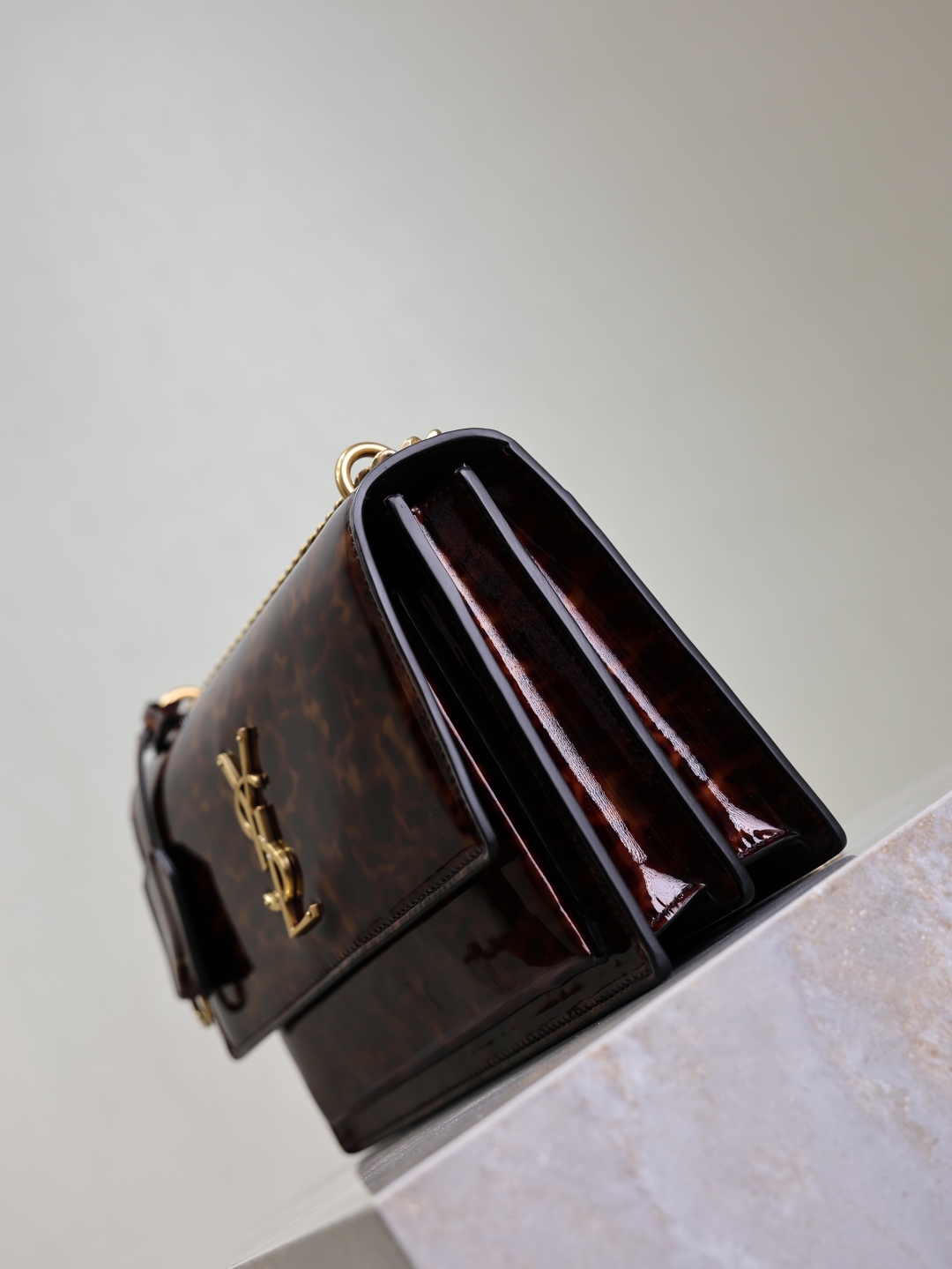 [TOP] Yves Saint Laurent YSL Sunset Bag Leopard Print Patent Leather Bag 22cm- Brown&GHW