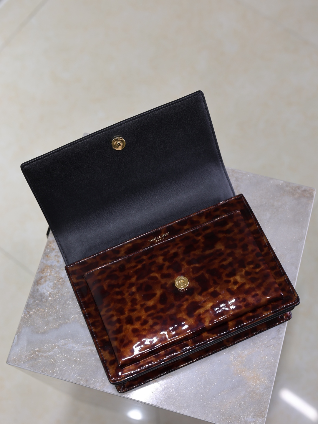 [TOP] Yves Saint Laurent YSL Sunset Bag Leopard Print Patent Leather Bag 22cm- Brown&GHW