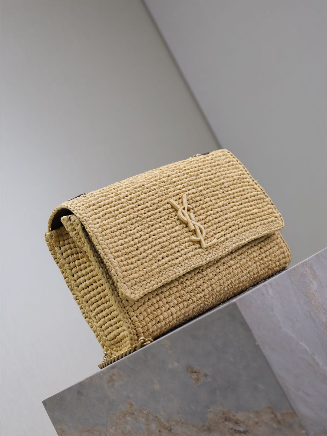 [TOP] Yves Saint Laurent Kate Bags Raffia Grass Woven Chain Bag 28.5×20×6cm - Beige