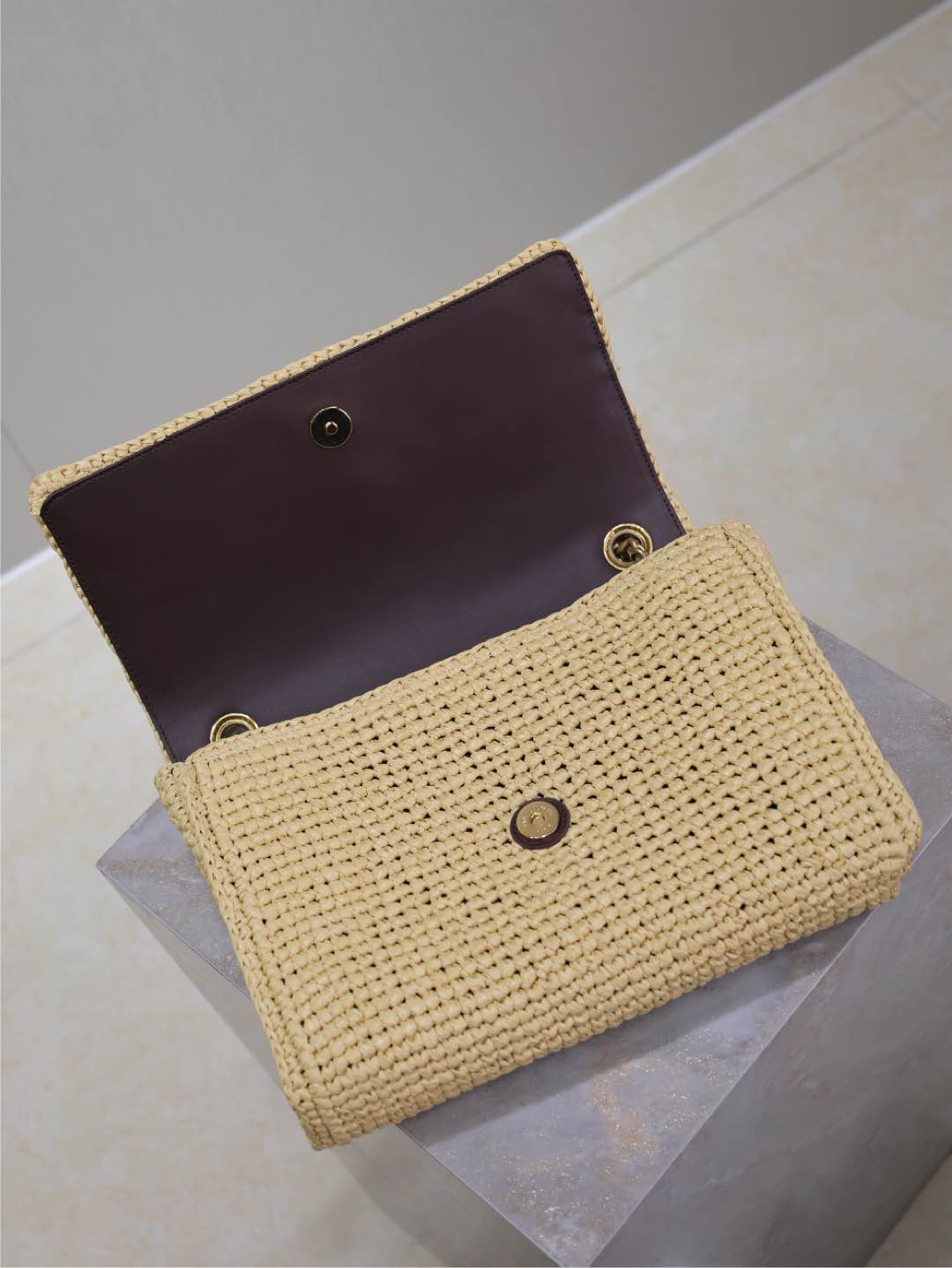 [TOP] Yves Saint Laurent Kate Bags Raffia Grass Woven Chain Bag 28.5×20×6cm - Beige