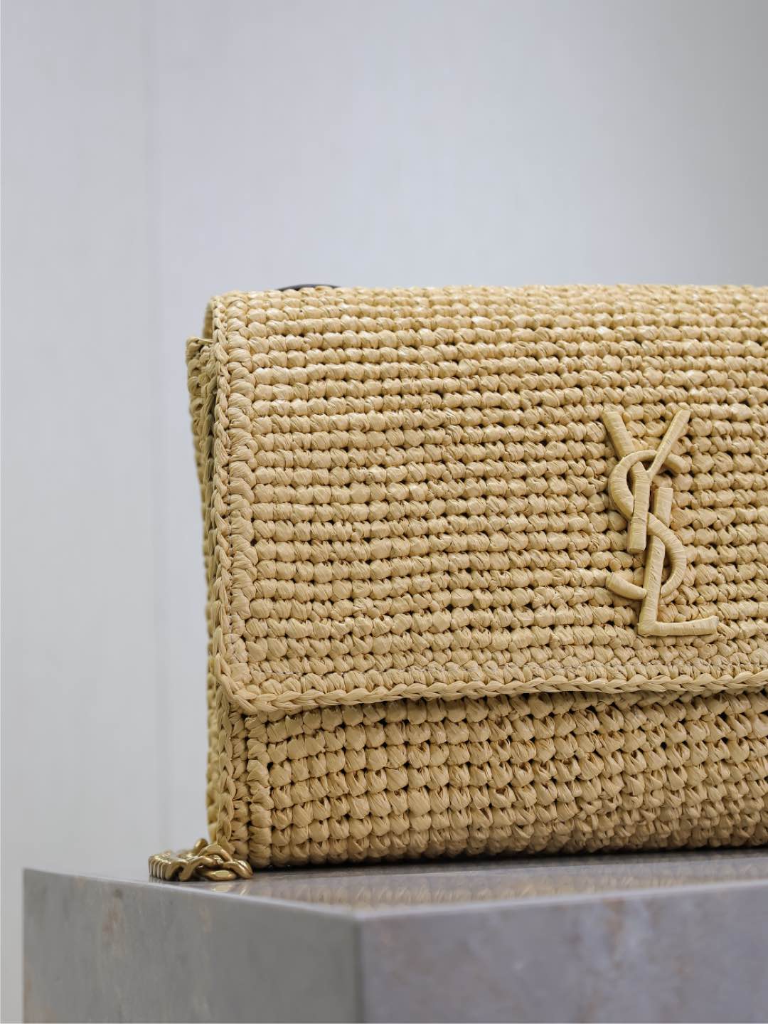 [TOP] Yves Saint Laurent Kate Bags Raffia Grass Woven Chain Bag 28.5×20×6cm - Beige
