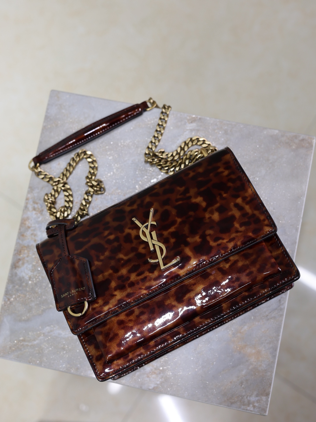 [TOP] Yves Saint Laurent YSL Sunset Bag Leopard Print Patent Leather Bag 22cm- Brown&GHW