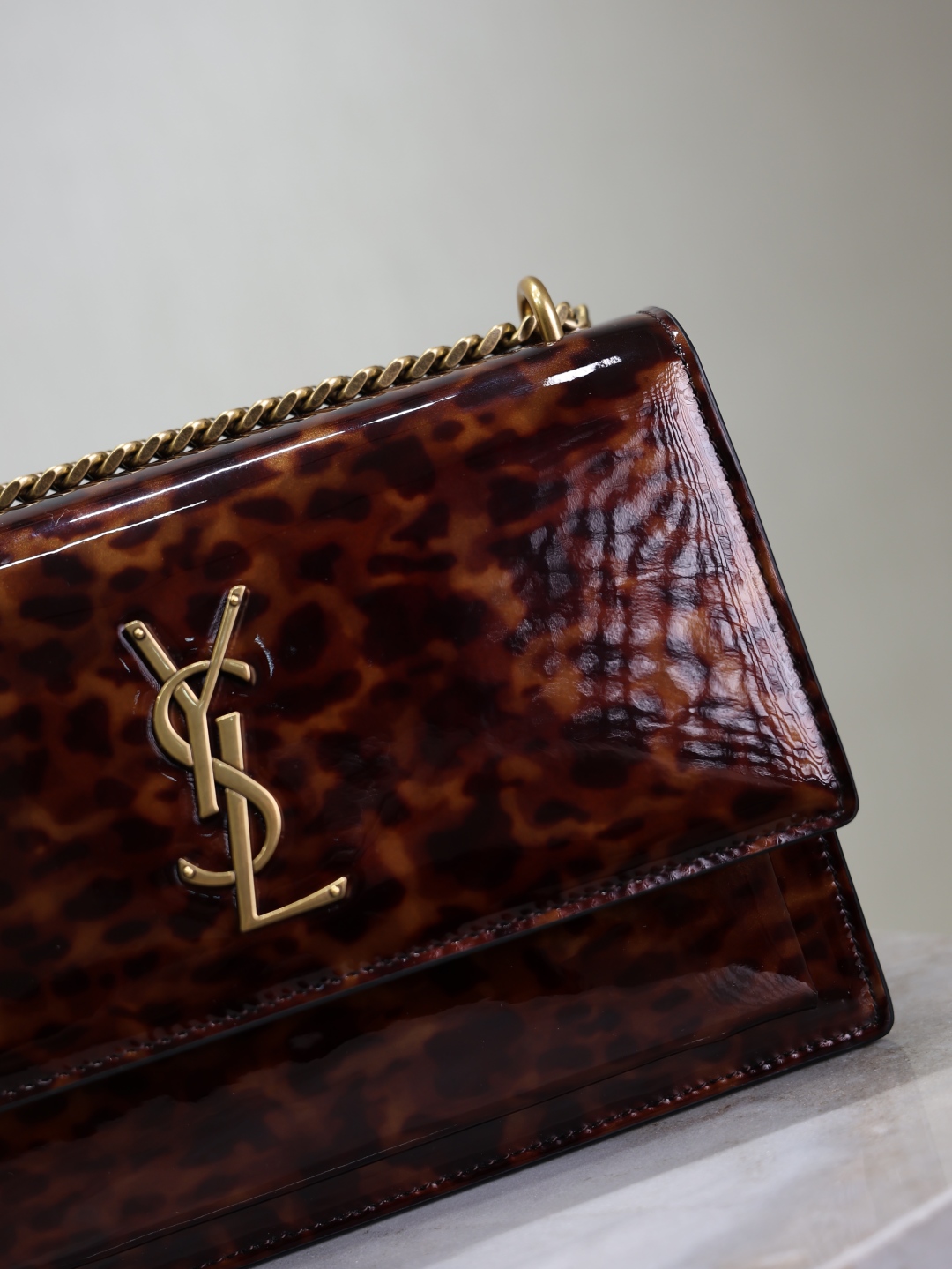 [TOP] Yves Saint Laurent YSL Sunset Bag Leopard Print Patent Leather Bag 22cm- Brown&GHW