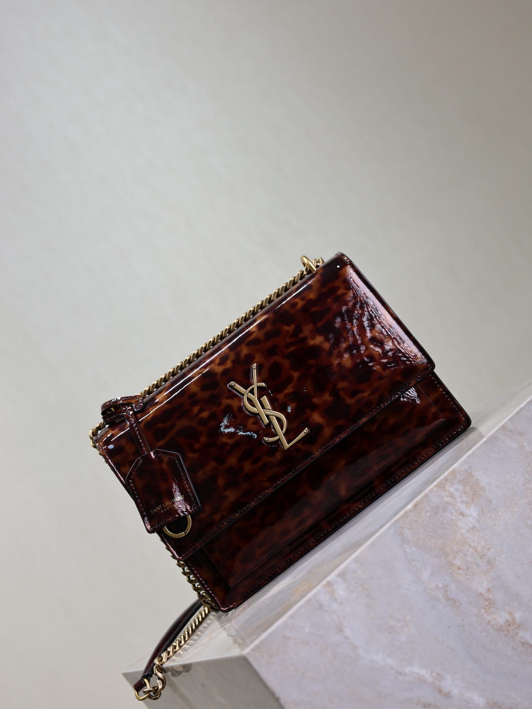 [TOP] Yves Saint Laurent YSL Sunset Bag Leopard Print Patent Leather Bag 22cm- Brown&GHW