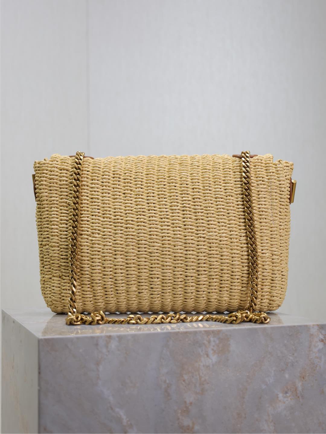 [TOP] Yves Saint Laurent Kate Bags Raffia Grass Woven Chain Bag 28.5×20×6cm - Beige