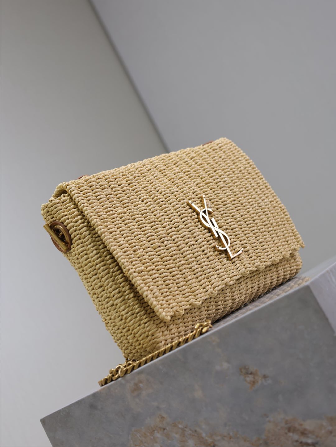[TOP] Yves Saint Laurent Kate Bags Raffia Grass Woven Chain Bag 28.5×20×6cm - Beige