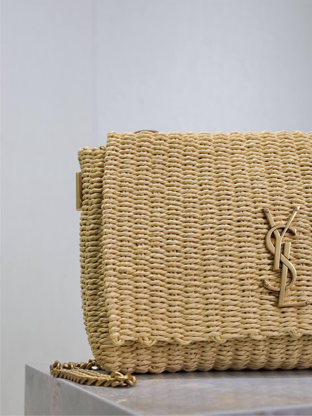 [TOP] Yves Saint Laurent Kate Bags Raffia Grass Woven Chain Bag 28.5×20×6cm - Beige