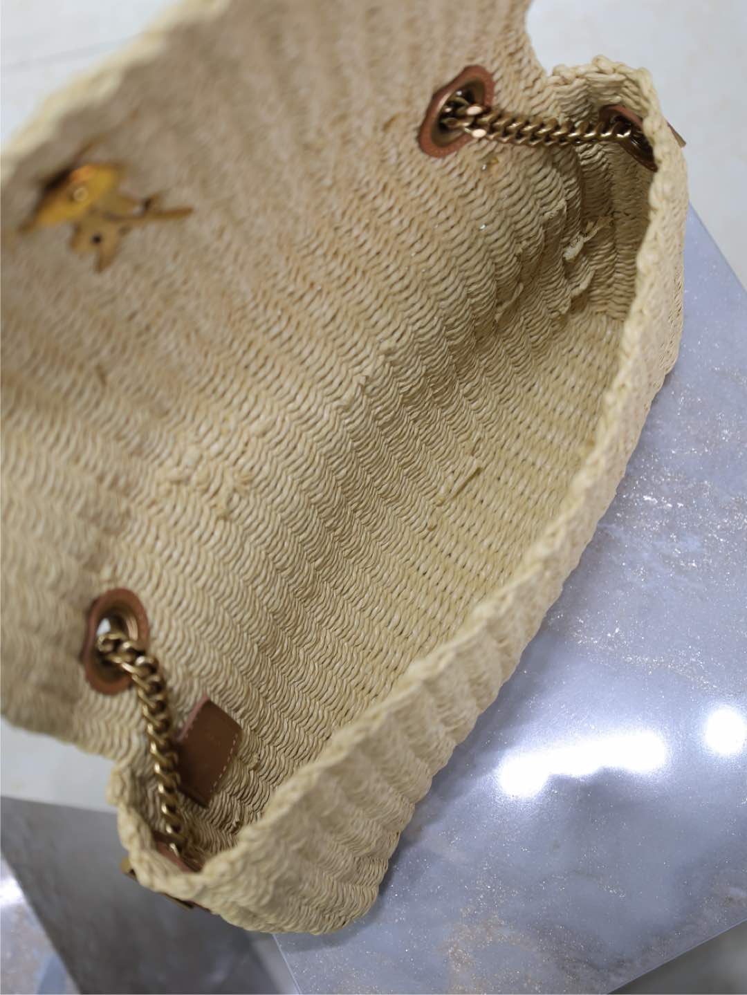 [TOP] Yves Saint Laurent Kate Bags Raffia Grass Woven Chain Bag 28.5×20×6cm - Beige