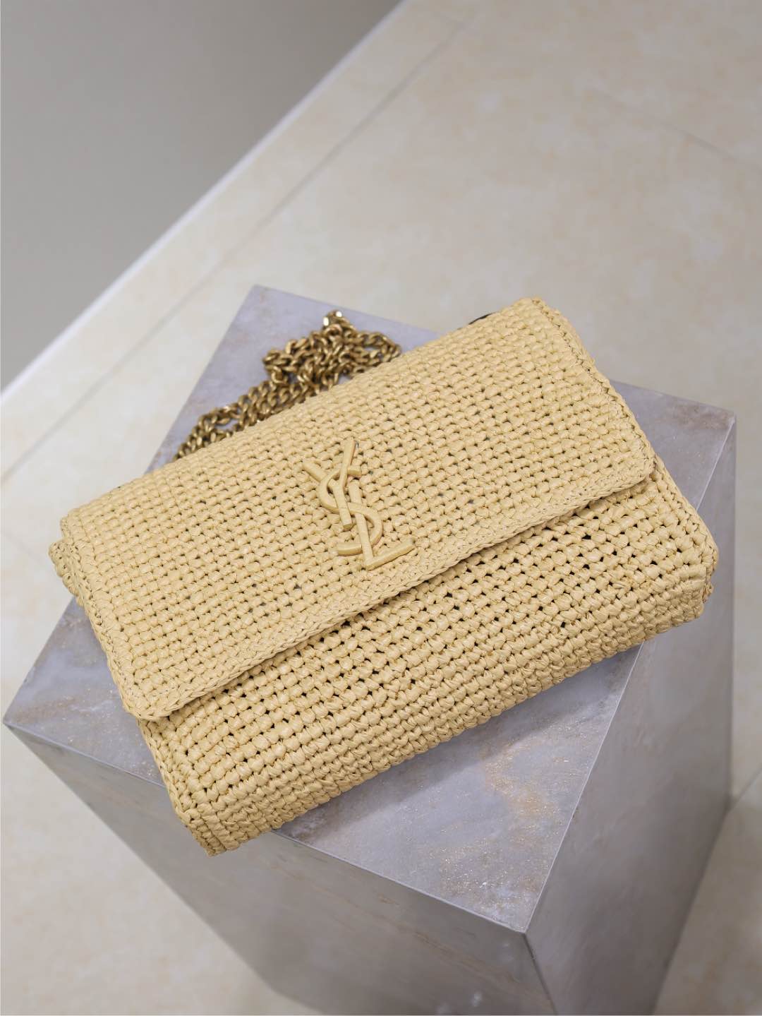 [TOP] Yves Saint Laurent Kate Bags Raffia Grass Woven Chain Bag 28.5×20×6cm - Beige