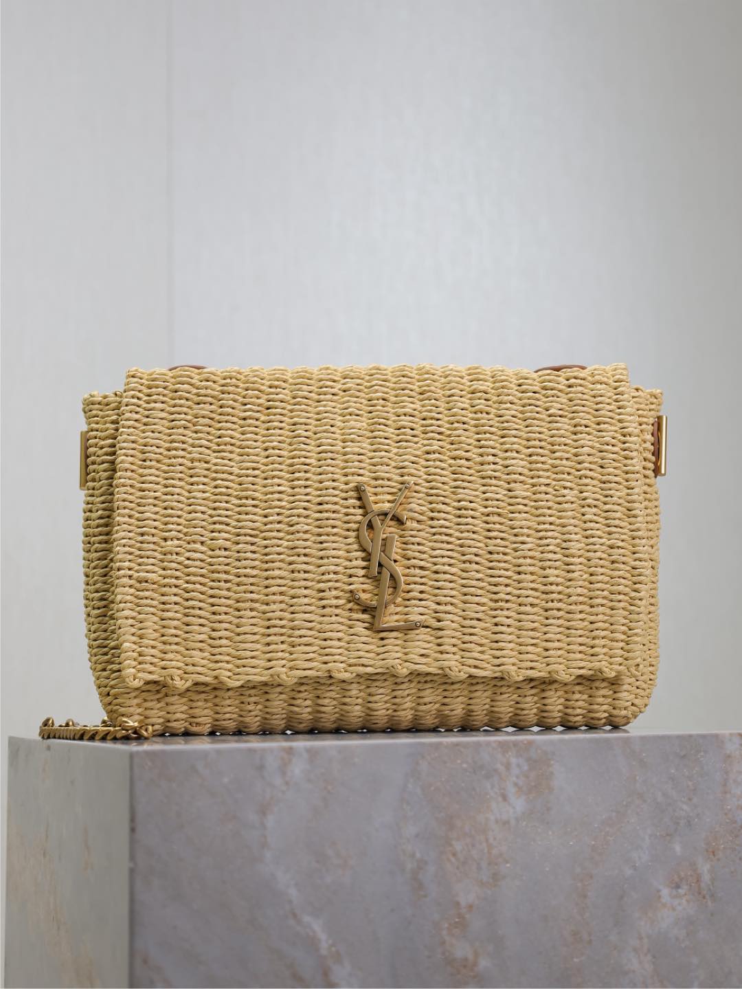 [TOP] Yves Saint Laurent Kate Bags Raffia Grass Woven Chain Bag 28.5×20×6cm - Beige