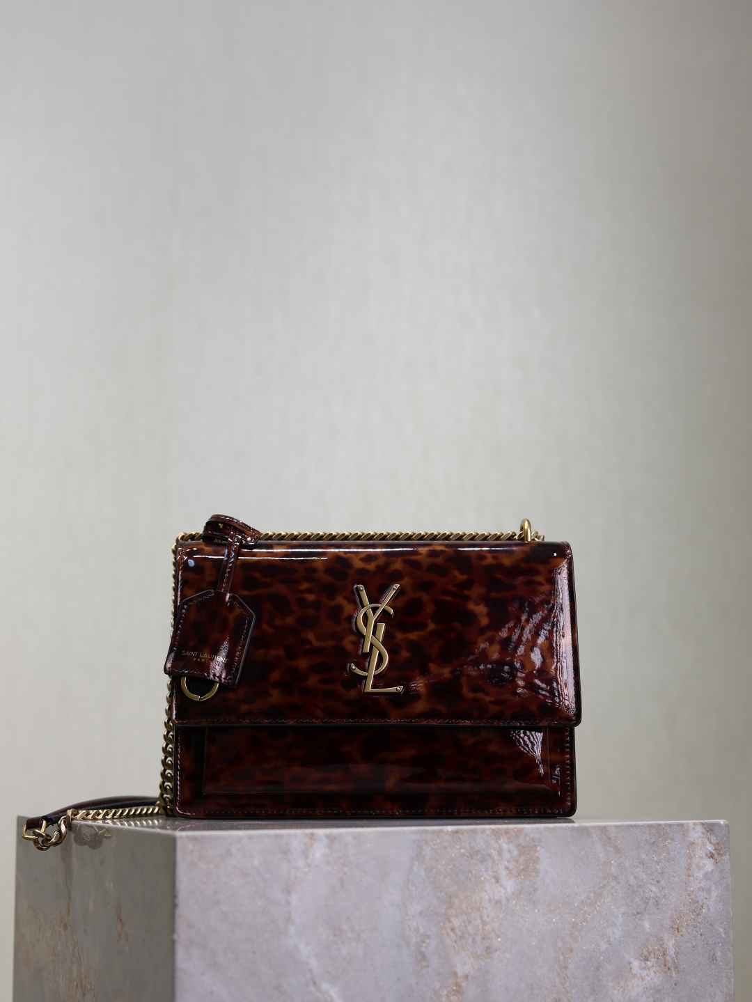 [TOP] Yves Saint Laurent YSL Sunset Bag Leopard Print Patent Leather Bag 22cm- Brown&GHW