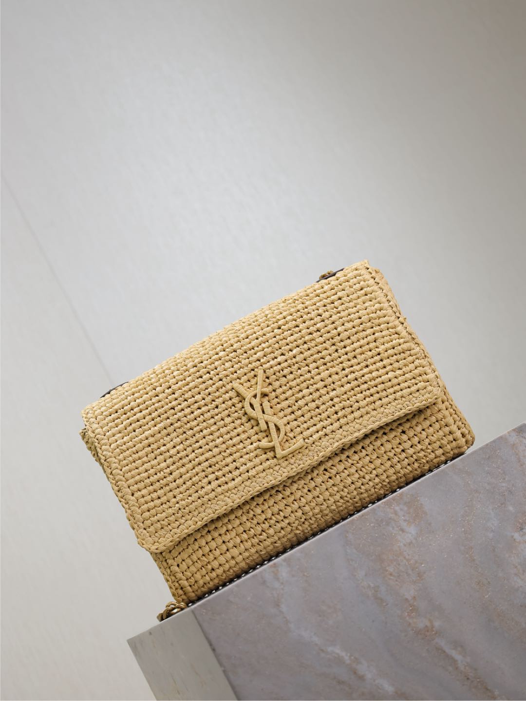 [TOP] Yves Saint Laurent Kate Bags Raffia Grass Woven Chain Bag 28.5×20×6cm - Beige