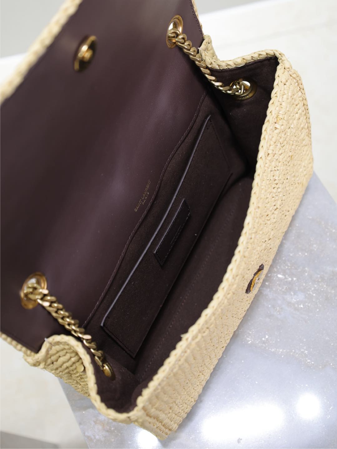 [TOP] Yves Saint Laurent Kate Bags Raffia Grass Woven Chain Bag 28.5×20×6cm - Beige