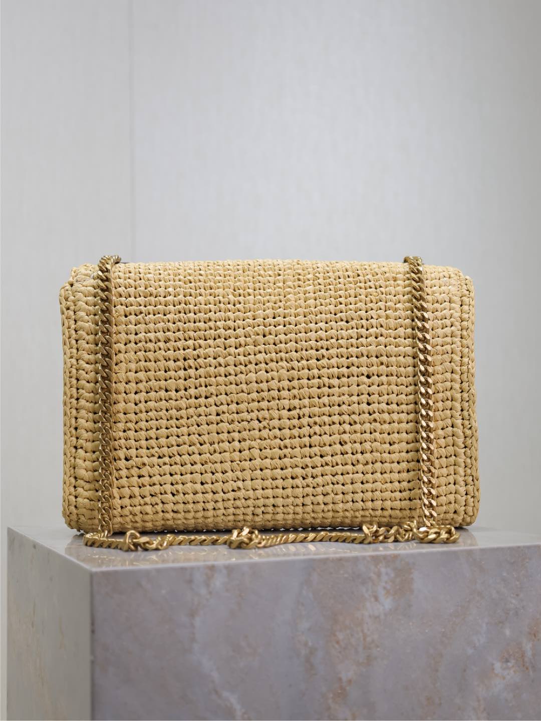 [TOP] Yves Saint Laurent Kate Bags Raffia Grass Woven Chain Bag 28.5×20×6cm - Beige