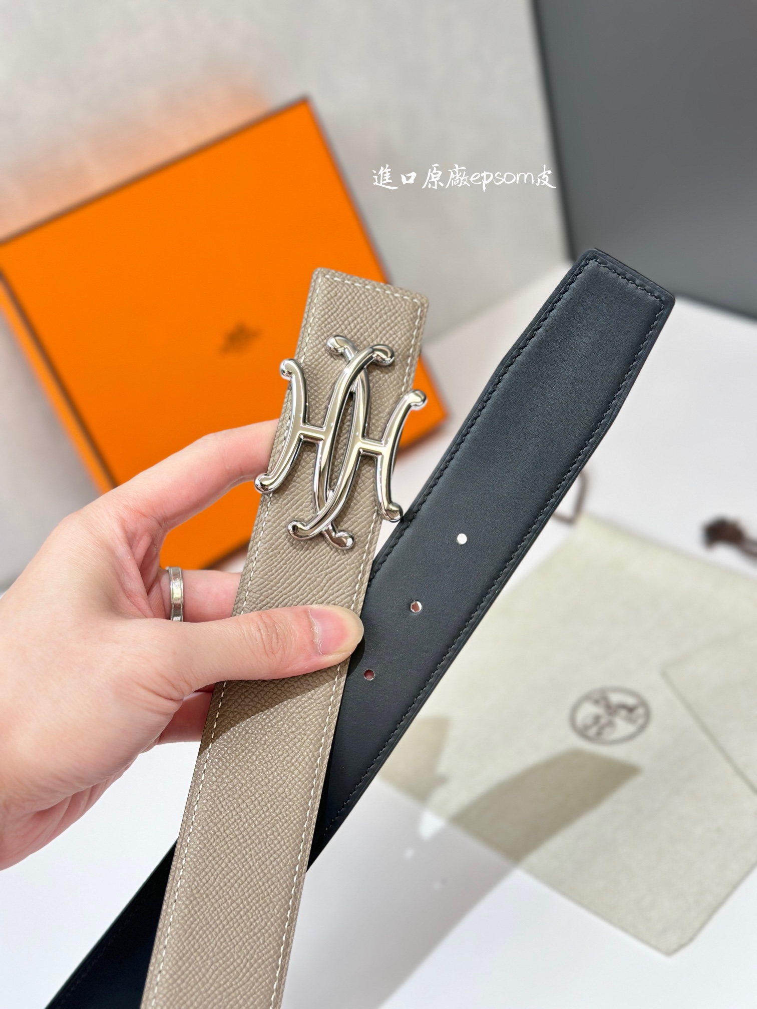 [TOP] HERMES 3.8cm Reversible Waist Belt - Gray