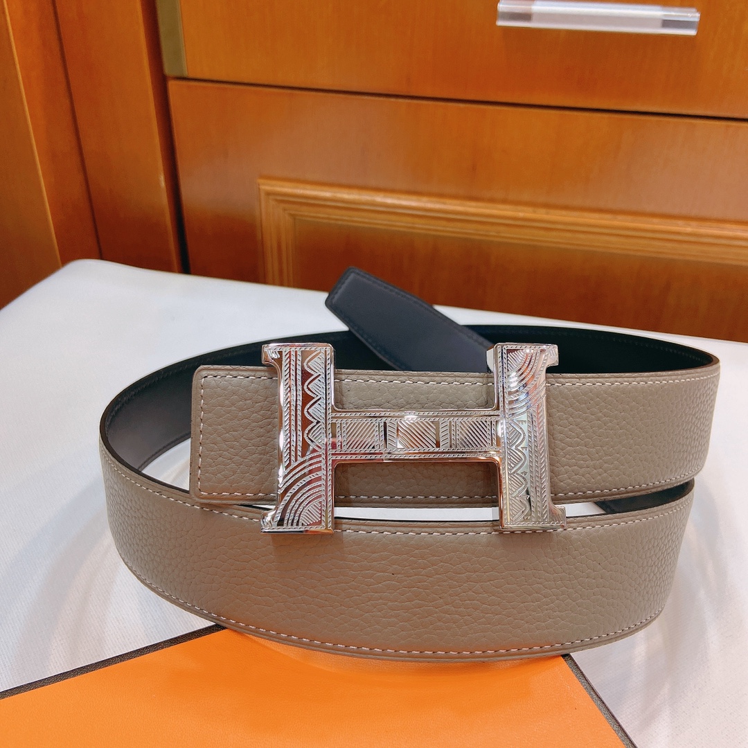 [TOP] HERMES 3.8cm Reversible Waist Belt - Gray