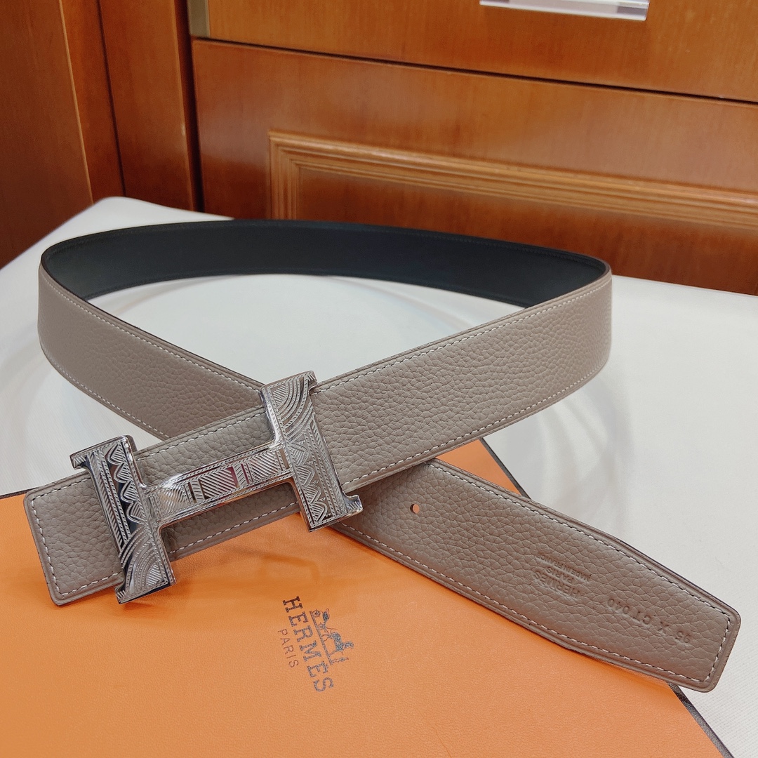 [TOP] HERMES 3.8cm Reversible Waist Belt - Gray