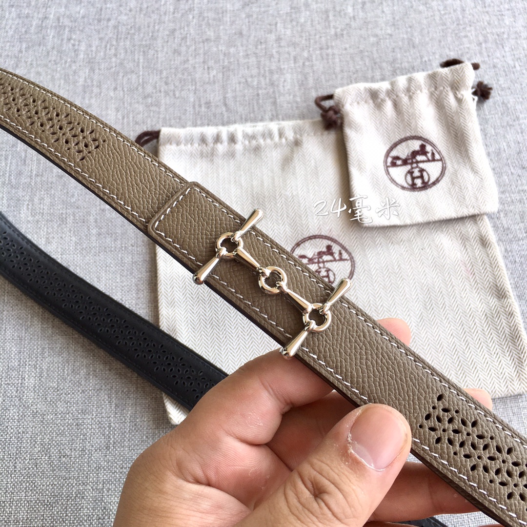 [TOP] HERMES 2.5cm Reversible Waist Belt - Gray