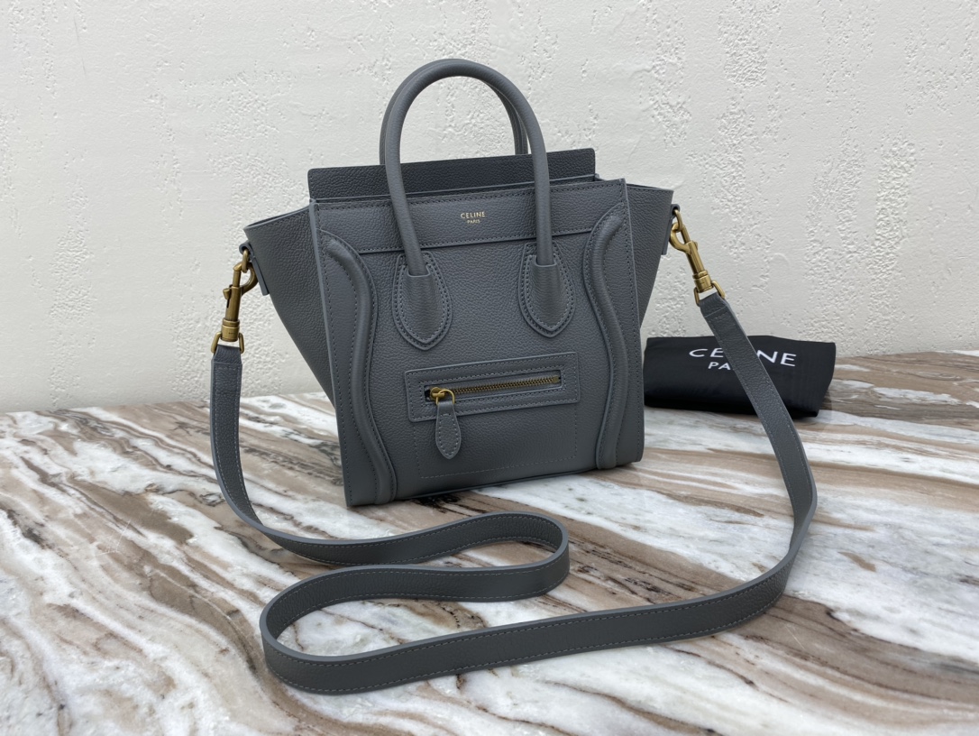 [TOP] CELINE Nano Luggage Grainy Bag 20x20x10cm - Gray & GHW