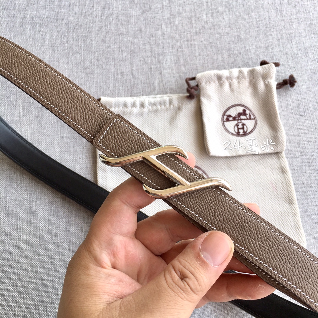 [TOP] HERMES 2.5cm Reversible Waist Belt - Gray