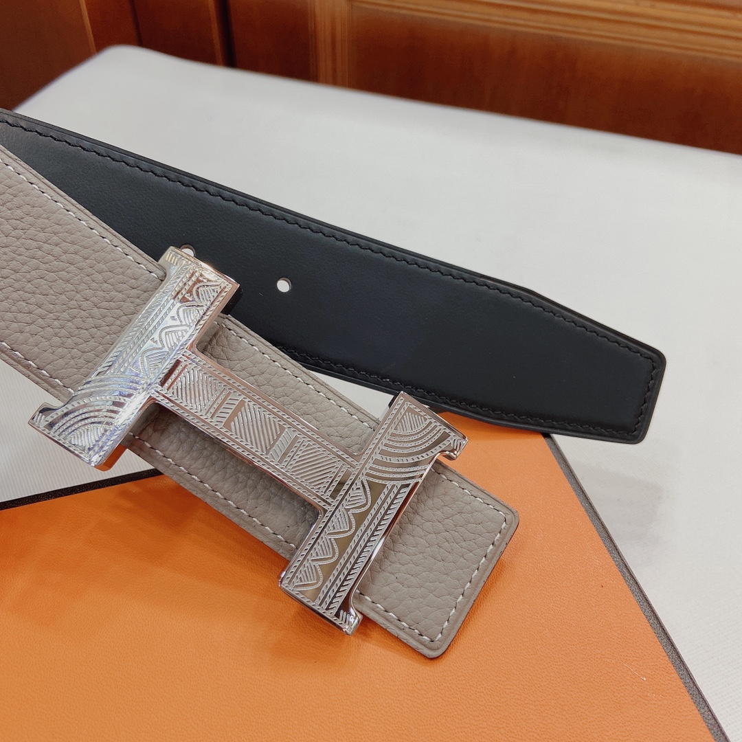 [TOP] HERMES 3.8cm Reversible Waist Belt - Gray