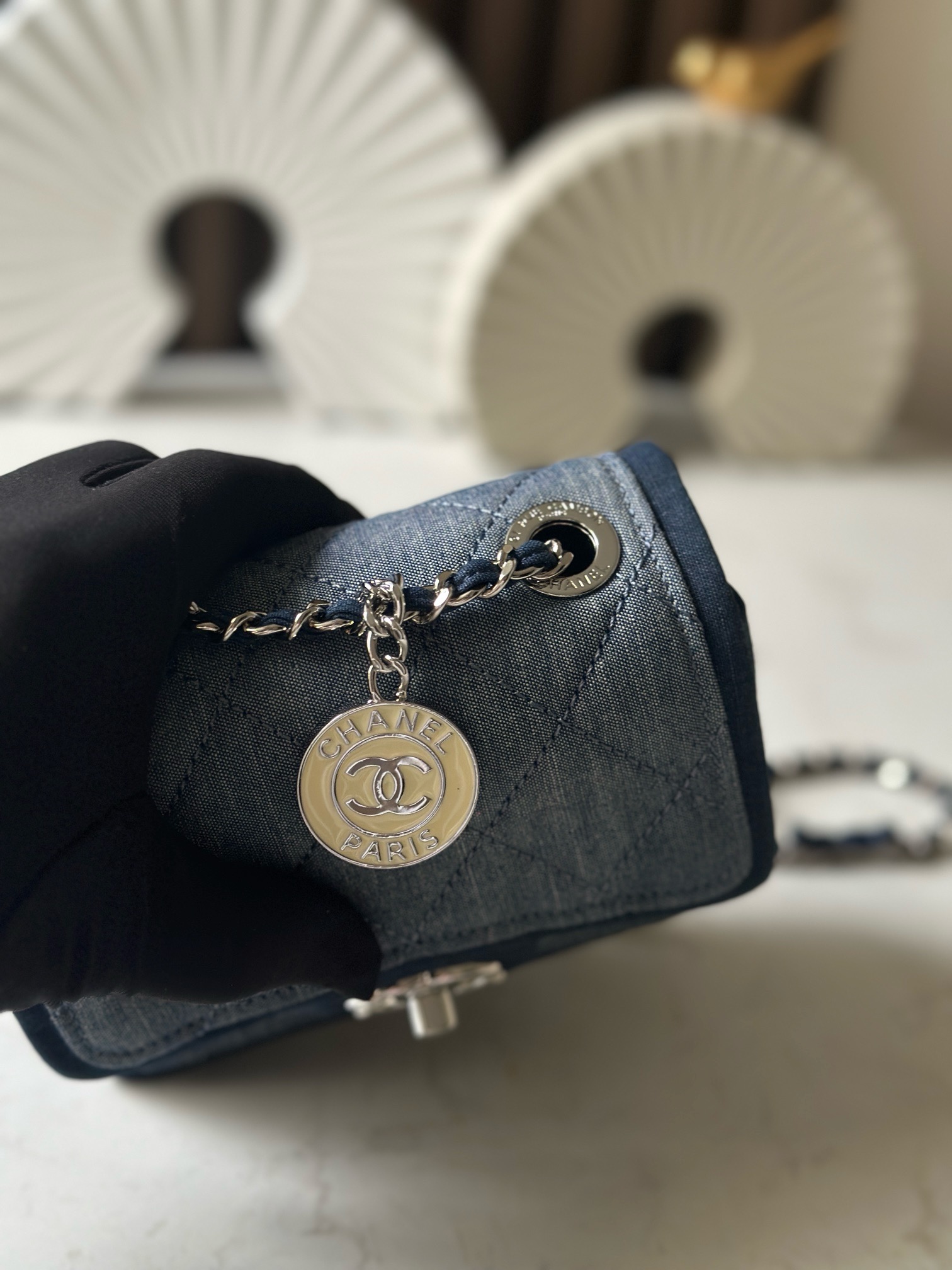 [TOP] CHANEL Denim Patchwork Flap Bag 17cm- Blue