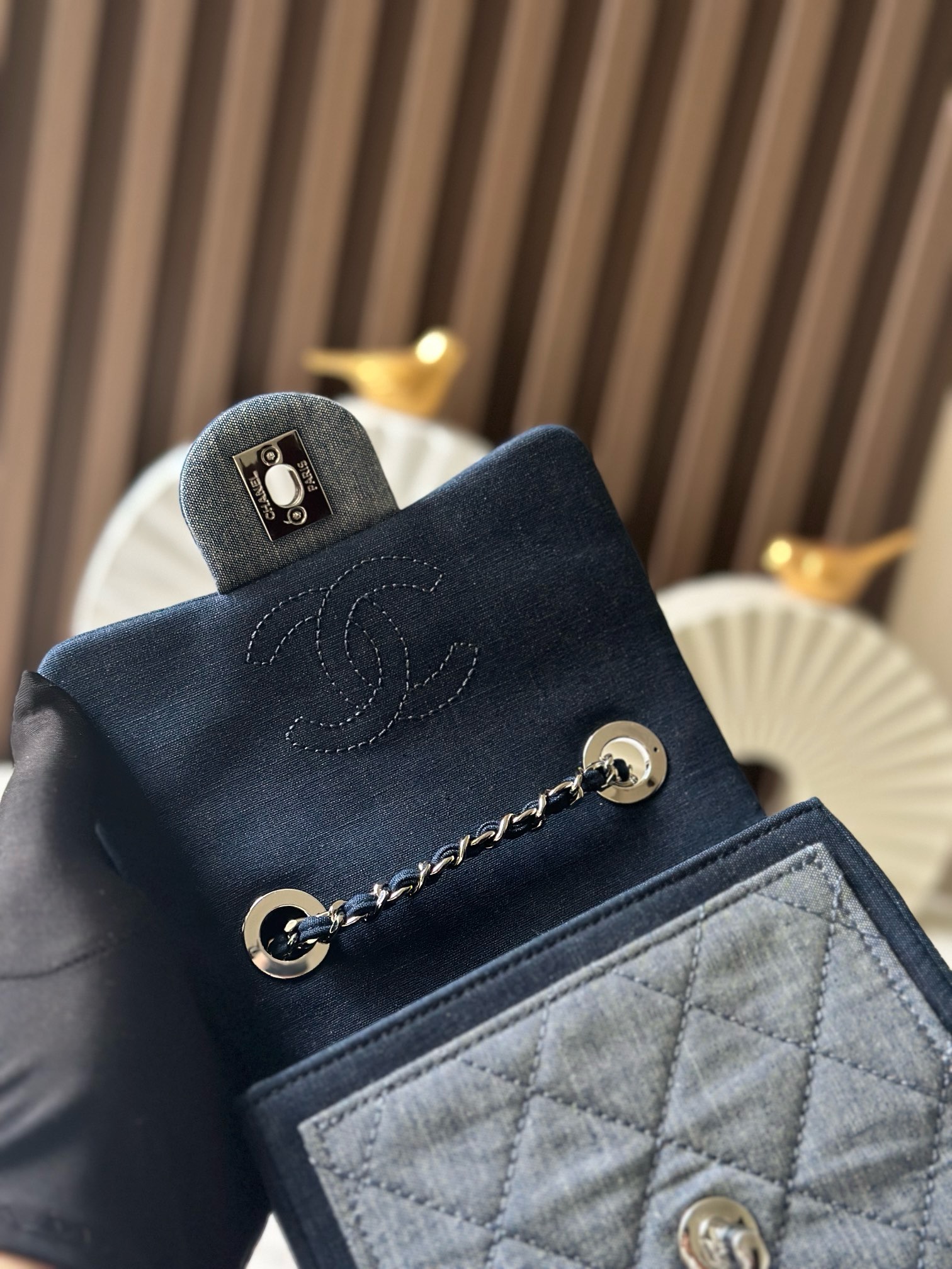 [TOP] CHANEL Denim Patchwork Flap Bag 17cm- Blue