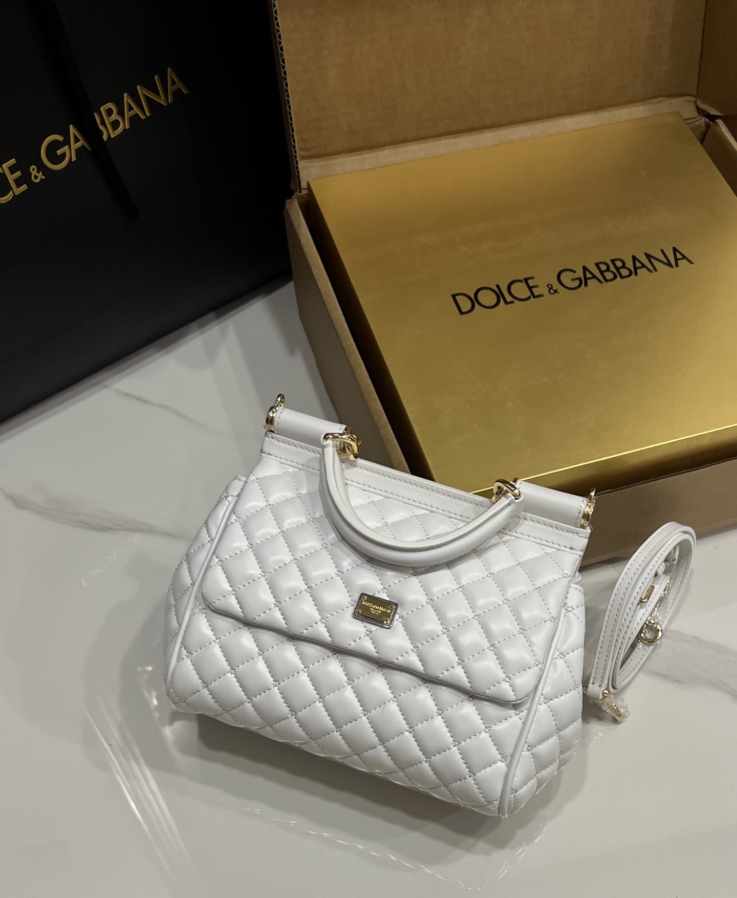[TOP] Dolce & Gabbana D&G Calfskin Sicily Bag 18cm/20cm - White/Black