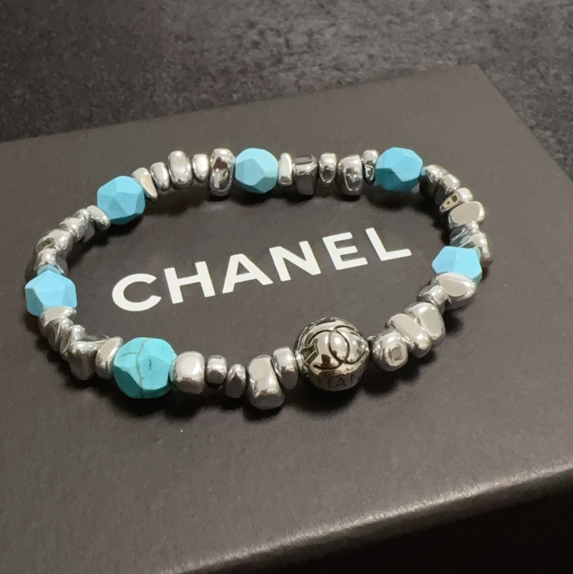 [TOP] CHANEL CC Turquoise Bracelet - Silver
