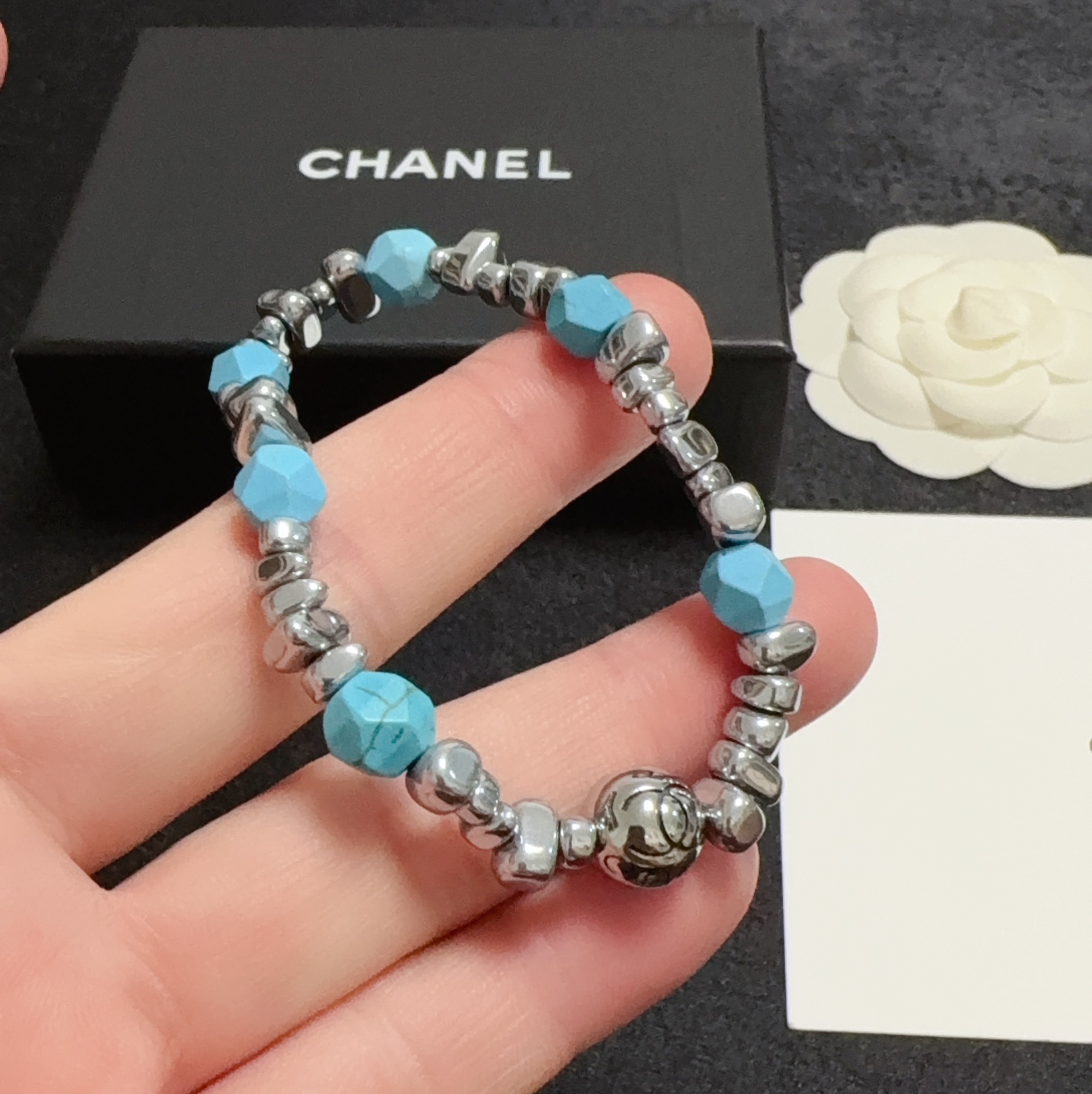 [TOP] CHANEL CC Turquoise Bracelet - Silver
